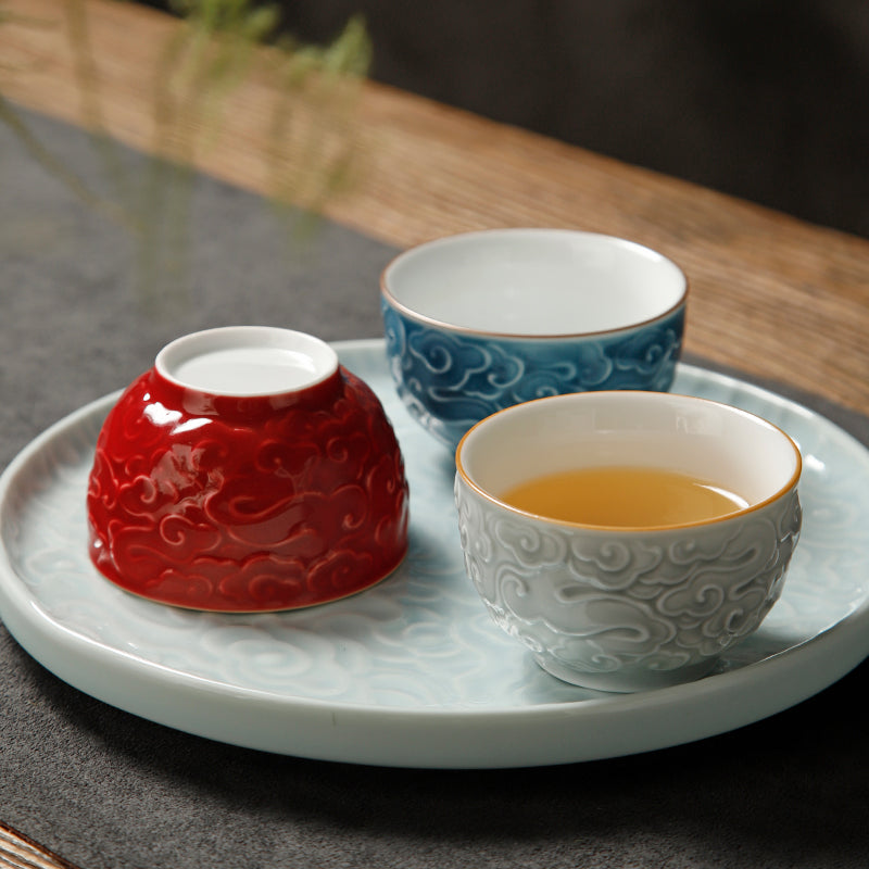 Color Enameled Ceramic Tea Cup Set of 4 with Incised Flying Cloud -Gift Box Display