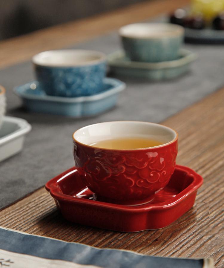 Color Enameled Ceramic Tea Cup Set of 4 with Incised Flying Cloud -Gift Box Display