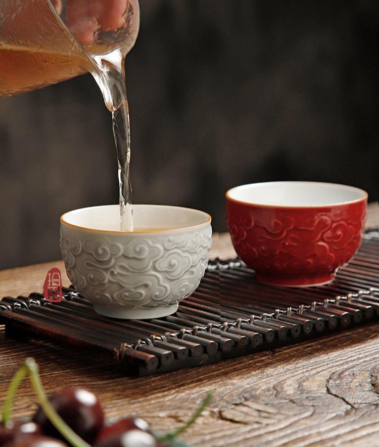 Color Enameled Ceramic Tea Cup Set of 4 with Incised Flying Cloud -Gift Box Display