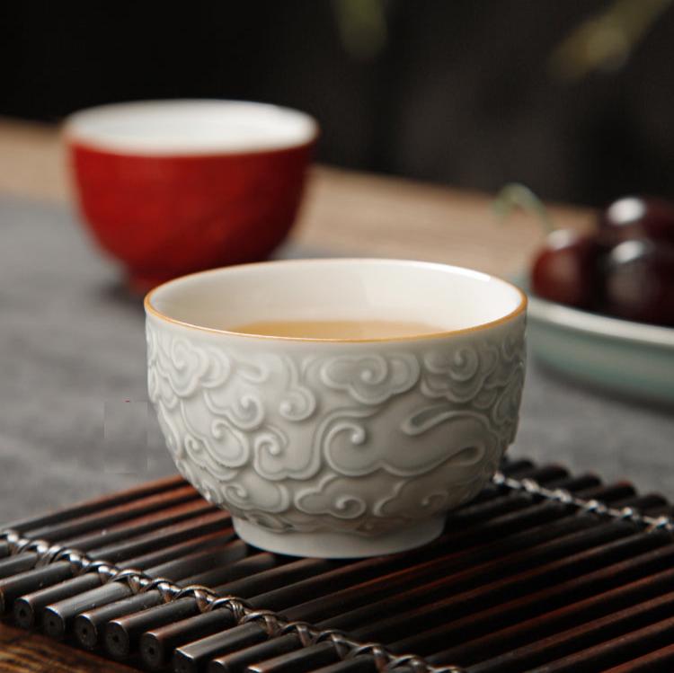 Color Enameled Ceramic Tea Cup Set of 4 with Incised Flying Cloud -Gift Box Display