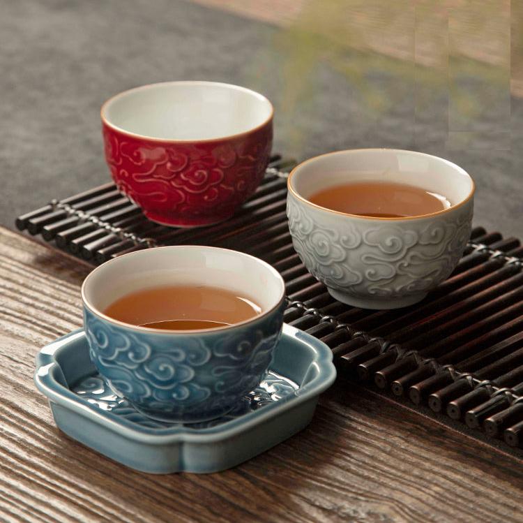 Color Enameled Ceramic Tea Cup Set of 4 with Incised Flying Cloud -Gift Box Display