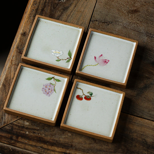 Minimalism Ceramic Tile Coasters with Floral Painting/Lotus, Hydrangea, White Camille, Persimmon