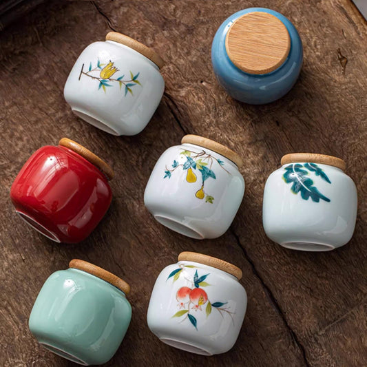 Elegant Hand-Painted Tea Left Storage Jar with Nature Wood Lid