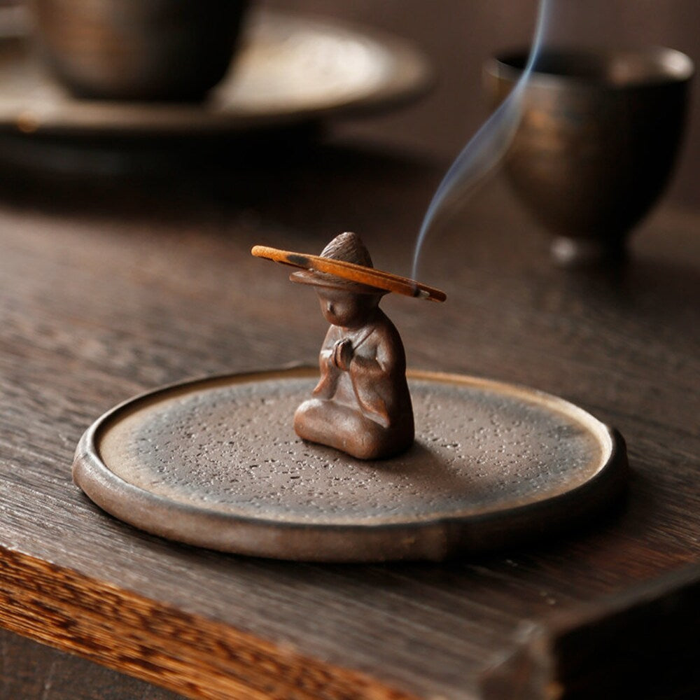 Coarsed Rustic Gold Incense Holder Featured Little Buddha in Hat